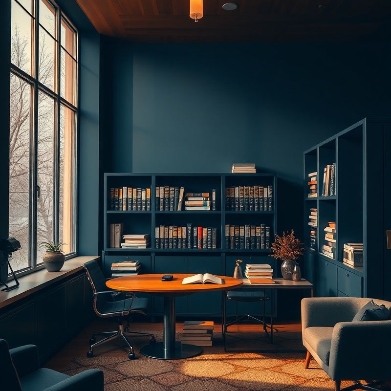 Interior discret al unui birou de consiliere cu tonuri calde indigo