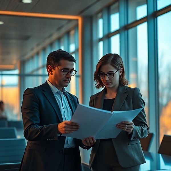 Doi profesioniști analizează documente într-o sală de conferințe modernă