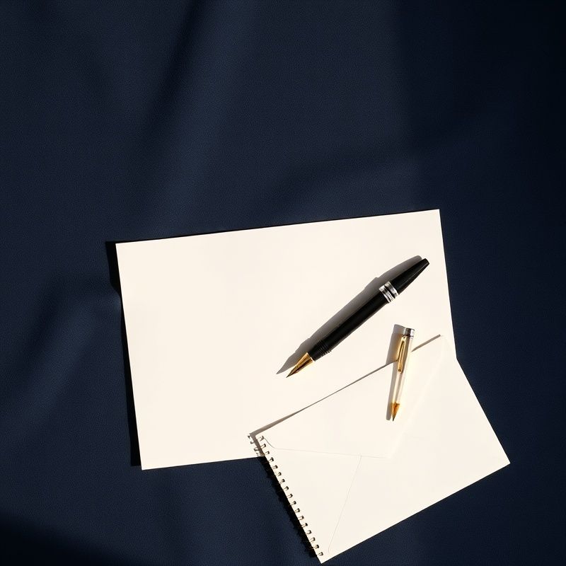 Flatlay minimalist cu un carnet, un stilou și un plic pe suprafață indigo
